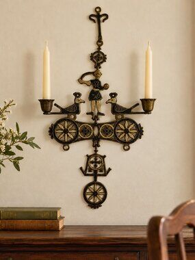 Vintage Greek Brass Enamel Articulated Wall Sconce Candle Holder Made In Greece